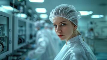 Professional Laboratory Technician in Sterile Environment Staring With Focus and Determination photo