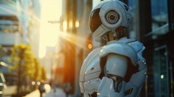 Humanoid Robot Powered by Artificial Intelligence in Urban Setting at Sunset photo