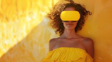 Happy Young Woman Wearing Yellow VR Goggles Against a Bright Yellow Background photo