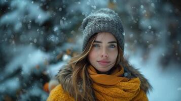 Hyper-Realistic Portrait of a Woman in Winter Forest Wearing Yellow Scarf and Gray Beanie photo