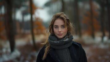 Hyper-Realistic Portrait of a Woman in a Serene Forest Setting with Autumn Colors photo