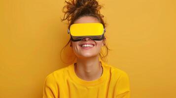 Happy Young Woman Enjoying Virtual Reality With Yellow VR Headset photo