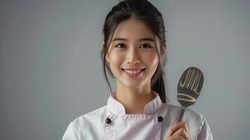 Portrait Of A Smiling Young Asian Woman Chef Holding A Spatula photo