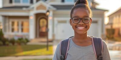 Happy Smiling African American Girl with Glasses, Backpack, and Bun in Front of House photo