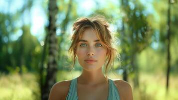 Hyper-Realistic Image of a Woman in a Forest with Sunlight Filtering Through Trees photo