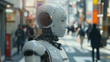 Humanoid Robot Powered By Artificial Intelligence Standing On Busy Street photo