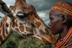 Kenyan Native Showing Affection to a Giraffe in Nature photo