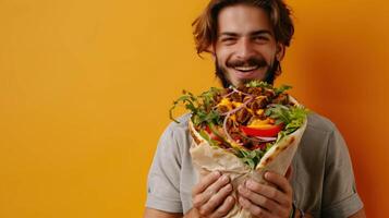 Smiling Man Holding a Delicious Wrap with Colorful Vegetables and Meat Against Orange Background photo