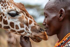 Kenyan Native Petting a Giraffe's Head in Natural Setting, Close-Up Interaction photo