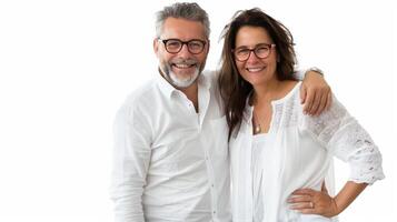 Middle-Aged Couple Smiling and Holding Hands in a Bright Studio Setting photo