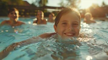 Happy Multi-Generation Caucasian Family Having Fun in Swimming Pool on a Sunny Day photo