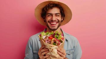 Smiling Man in Summer Hat Holding a Fresh Salad Wrap Against Pink Background photo