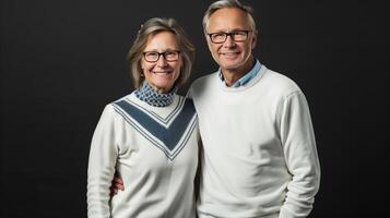 Smiling Middle-Aged Couple Embracing and Holding Hands in Casual Clothing photo
