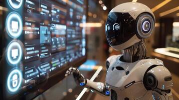 Photorealistic Robot Interacting with High-Tech Touchscreen Interface in a Modern Setting photo