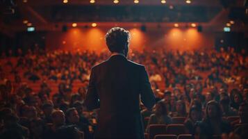 Man in Suit Giving a Presentation on Stage to a Large Audience in a Theatre photo