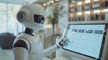 Photorealistic Robot Interacting with Touchscreen in Modern Work Environment photo
