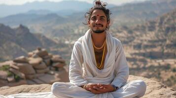 Smiling Indian Yogi in White Robes Meditating Outdoors with Nature in the Background photo