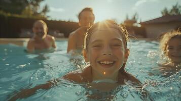 Multi-Generation Family Enjoying Fun Pool Time Together on a Sunny Day photo