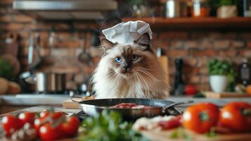 Cute Ragdoll Cat Dressed as Chef Cooking in a Rustic Kitchen with Fresh Ingredients photo