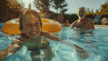 Happy Multi-Generation Caucasian Family Having Fun in Swimming Pool on Summer Day photo