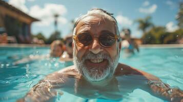 Happy Multi-Generation Caucasian Family Enjoying a Summer Day Swimming in a Pool photo