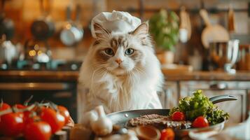 Adorable Ragdoll Cat Dressed as Chef in Kitchen with Fresh Vegetables and Cookware photo