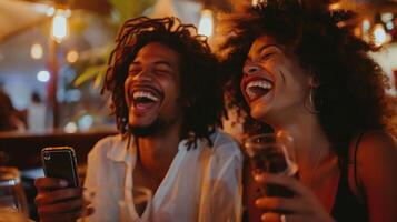 Joyful Lifestyle Photograph of Two Friends Laughing and Enjoying Evening Together photo