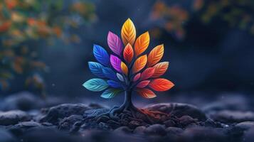 Colorful Artistic Concept Tree With Seven Multicolored Leaves in Dreamlike Setting photo