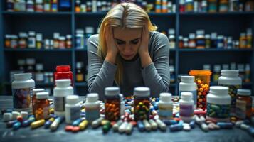 Stressed Woman Sitting in Front of Numerous Medication Bottles in a Pharmacy Setting photo