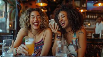 Two Friends Laughing and Enjoying Drinks Together in a Cozy Cafe photo