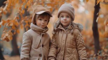 Adorable Children Wrapped in Warm Clothes Enjoying a Walk in Autumn Forest photo