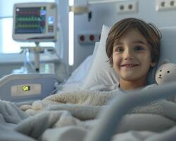Smiling Boy In Hospital Bed With Teddy Bear, Monitors In Background photo