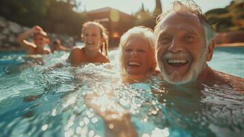 Multi-Generational Caucasian Family Enjoying Fun in the Swimming Pool on a Sunny Day photo