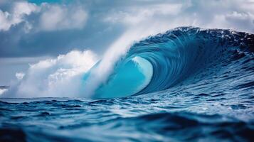 Massive Blue Wave Curl in the Ocean Captured Under Cloudy Sky photo