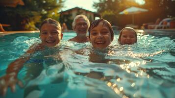 Multi-Generation Caucasian Family Having Fun and Swimming in a Pool on a Sunny Day photo