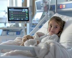 Young Girl Smiling in Hospital Bed, Embracing Teddy Bear, with Heart Monitor in Background photo