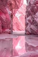 Surreal Landscape with Large Rectangular Mirror Reflecting Pink Rocky Canyon and Water photo