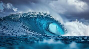 Massive Blue Ocean Wave Captured in the Midst of its Surging Power under Dramatic Sky photo