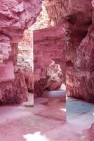 Large Rectangular Mirror Reflecting Pink Cave Rock Formations in Surreal Desert Landscape photo