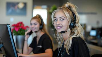 Two Smiling Blonde Women Working in a Modern Call Center photo