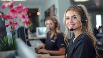 Two Beautiful Women Working at a Call Center, Wearing Headsets and Smiling photo