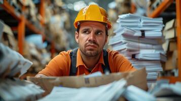 Frustrated Construction Worker Surrounded by Documents in Factory or Warehouse Setting photo