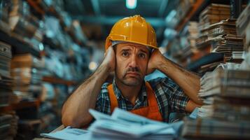 Frustrated Construction Worker Overwhelmed with Paperwork in Warehouse photo