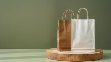 Eco-Friendly Paper Bags on Wooden Platform in Minimalist Setting photo