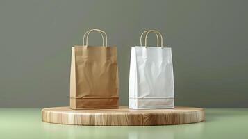 Professional Presentation of Brown and White Paper Bags on Wooden Platform photo