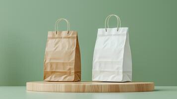 Professional Presentation of Brown and White Paper Bags on Wooden Stand photo