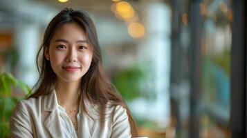 Confident Young Professional Woman Smiling in Modern Office Environment photo