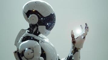 Futuristic Robot Interacting with Holographic Interface in a High-Tech Environment photo
