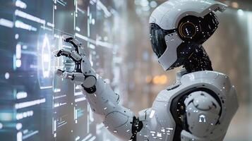 Futuristic Robot Interacting with a Holographic Interface in a High-Tech Environment photo