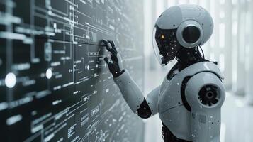 Futuristic Robot Interacting with Holographic Interface in High-Tech Setting photo